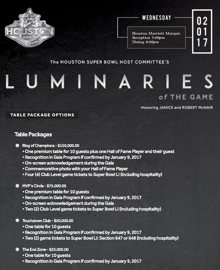 Luminaries of the Game Super Bowl Party Houston 2017 Tickets